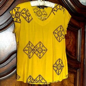 Boteli Top M Flowy Boho Hippie Mustard Yellow With Brown Embroidery Shirt Blouse